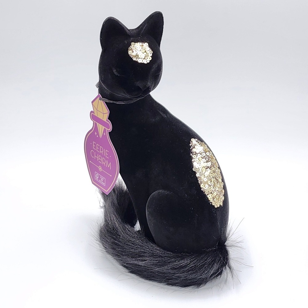 Eerie Charm Black Cat Figurine Black Gold Sequin Flocked Gothic Halloween 10"